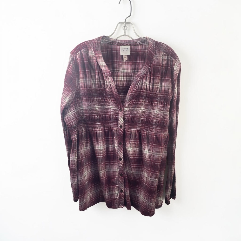 Knox Rose Burgundy Plaid Smocked Babydoll Button Down Top XXL Boho Shimmer